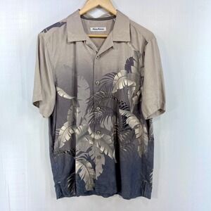 Tommy Bahama Silk Short Sleeve Gray Tropical Hawaiian Print Camp Shirt Mens M